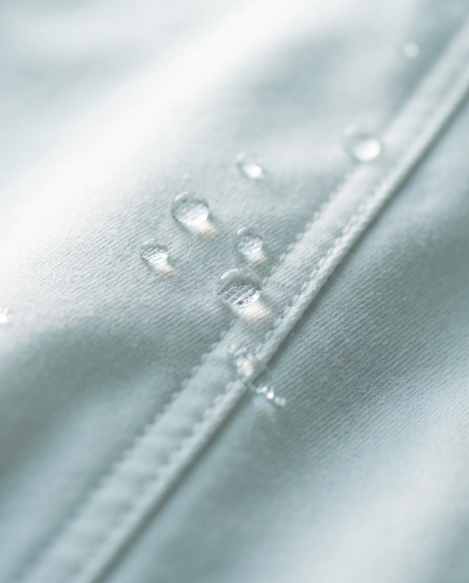 Gotas de agua resbalando sobre la tela blanca antifluidos