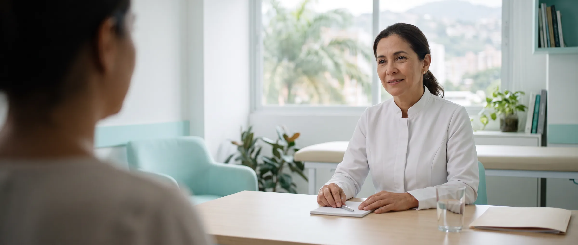 Doctora con bata blanca atendiendo a un paciente en su consultorio