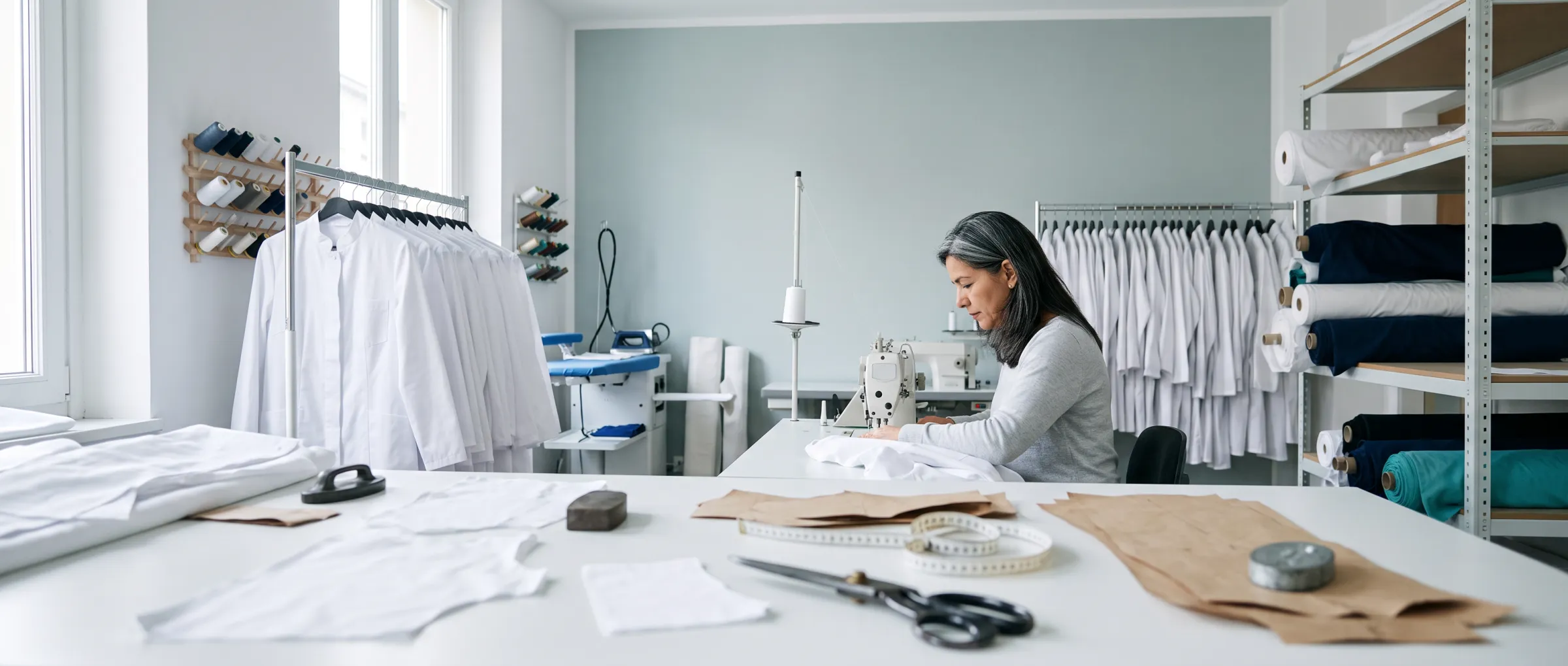 Taller de scrubs.ccs: mesa de corte, máquinas industriales, rollos de tela y batas blancas terminadas