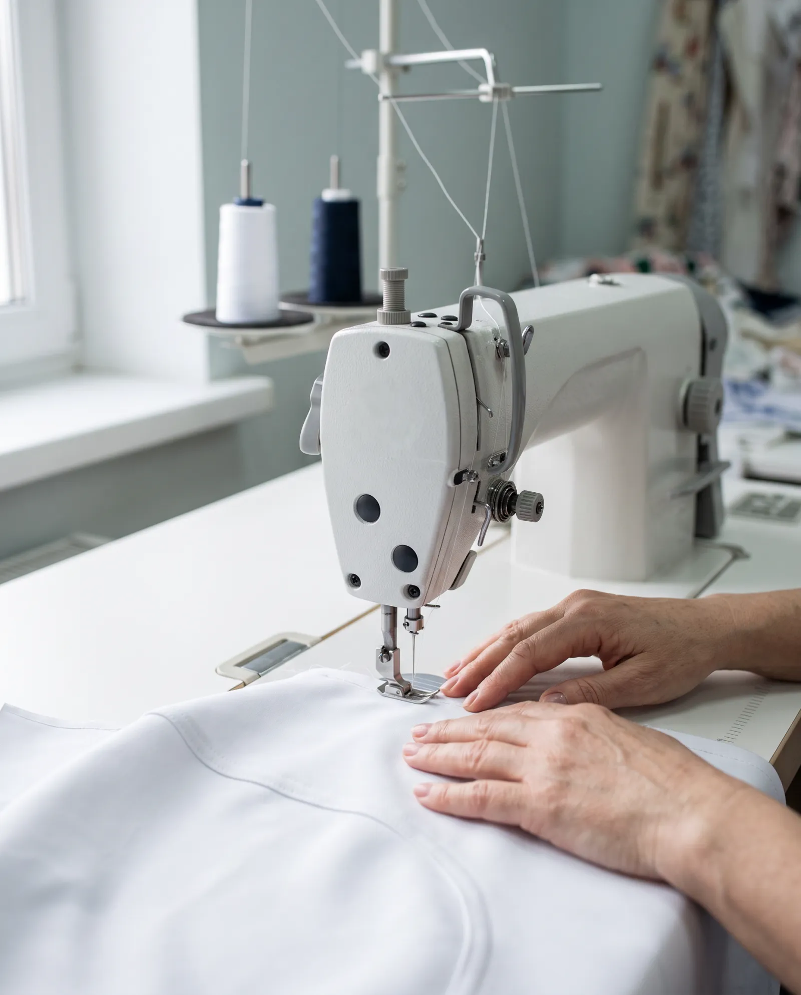 Máquina de coser cosiendo la costura de una bata blanca