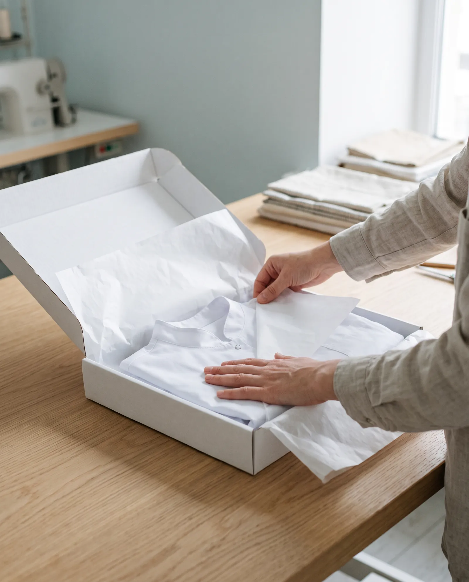 Manos guardando una bata blanca doblada en una caja de envío
