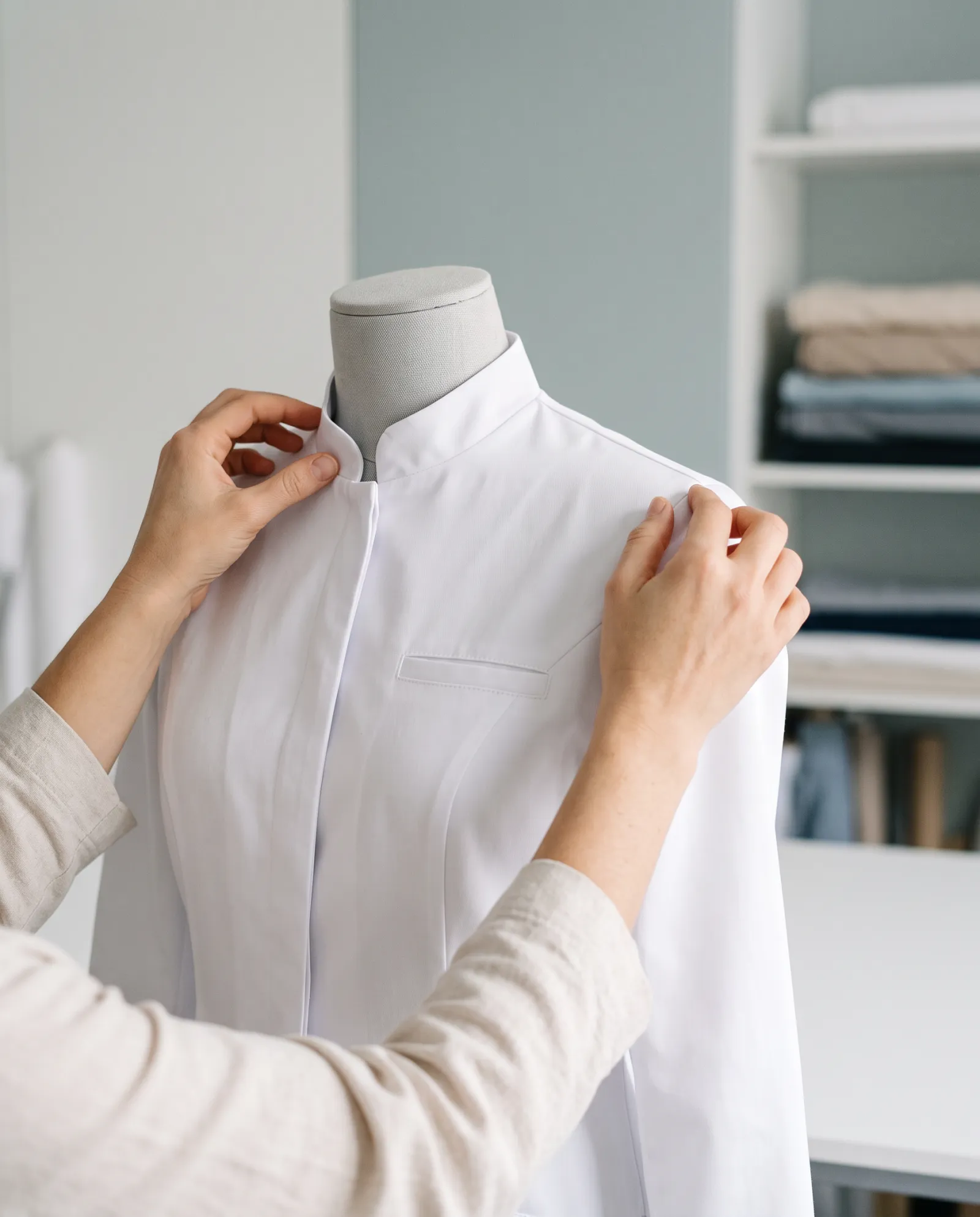 Manos ajustando el hombro de una bata blanca terminada sobre un maniquí
